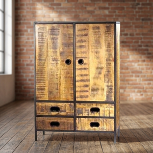Armoire industrielle vintage en bois massif à 2 portes et 4 tiroirs, durable, écologique, finition en fer rouillé, style antique, pour la maison ou la villa - Product Image 2