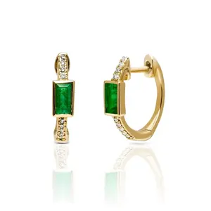 Elegant 925 Sterling Silver 14k Gold Emerald Baguette Hoop Earrings