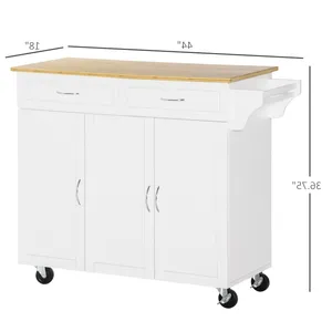 Customize Movable Wheel Wood Storage Serving Island Kitchen Trolley Cart With 4 Shelves And Drawers