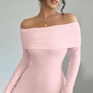Abito da sera elegante da donna, lungo fino al pavimento, monospalla, con drappeggio, vestibilità slim, in poliestere ecologico, senza schienale, per l'autunno - Product Image 4