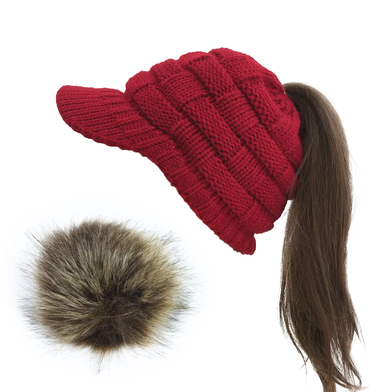 DDA1376 여성 모피 공 양모 스키 모자 Pom Pom 뜨개질 모자 따뜻한 스트라이프 브림 니트 Beanies Crochet 겨울 피크 바이저 니트 모자