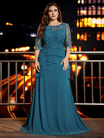 Robe de soirée élégante grande taille, coupe trapèze, manches mi-longues, haut en dentelle, jupe en mousseline, robes de soirée pour femmes