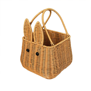 Keranjang penyimpanan berbentuk kelinci, wadah pembawa hadiah bunga buah plastik gagang bergerak panjang bahan rotan - Product Image 1