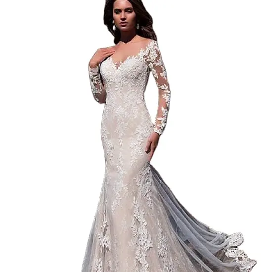 Long Tail Wedding Dresses Modest Tulle & Lace Bateau Neckline Mermaid Wedding Dress With Lace Appliques