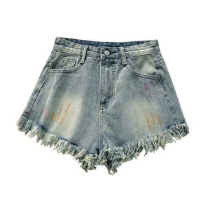 กางเกงขาสั้นผ้ายีนส์สำหรับผู้หญิงแนวย้อนยุคกางเกงขากว้างเอวสูงพร้อมขอบดิบกางเกงทรงหลวมกระชับสัดส่วนกางเกงกราฟฟิติลำลองบางๆสำหรับฤดูร้อน2025 - Product Image 3