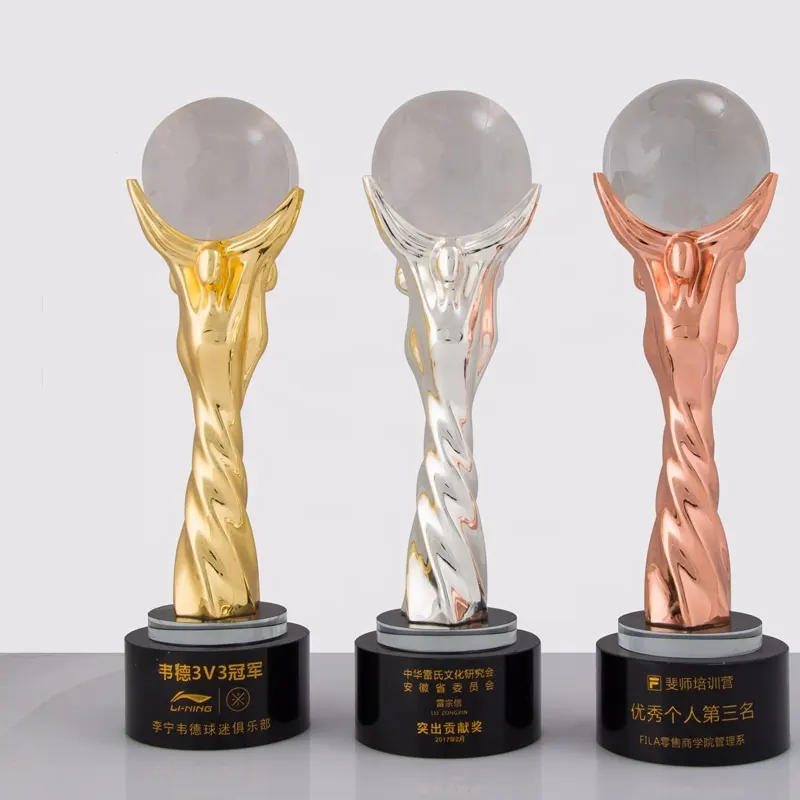 Metal Trophy With a Crystal Earth globe International Competition Award Cup Figurines Trophy Golden Ball Award