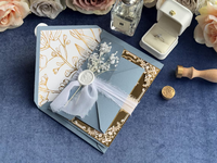 Invitations de mariage en acrylique miroir doré de style européen avec enveloppes bleu poussière et personnalisables haut de gamme
