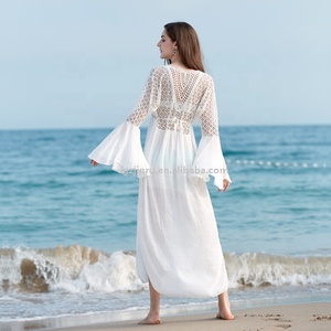 JINRU Factory luxury hollow out sexy handmade yarn lace bikini cover up cotton abito lungo da <span class=keywords><strong>spiaggia</strong></span> bianco a maniche lunghe da donna - Product Image 5