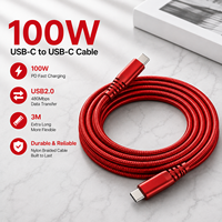 Câble USB C vers C de 3 m, transfert de données USB 2.0, charge rapide 100 W 20 V 3 A, câble de charge en nylon tressé rouge, OEM ODM en gros
