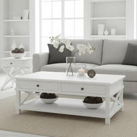 Table basse rustique blanche avec structure en X, table basse de rangement à 2 tiroirs, meuble de salon en bois pour décoration de style ferme et côtier