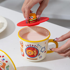 Taza de cerámica con diseño de hamburguesa de dibujos animados, con tapa y asa, para estudiantes, oficinas, desayuno, leche. - Product Image 5