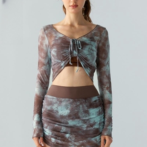 Nouveau à la mode femmes Gym Fitness <span class=keywords><strong>Crop</strong></span> hauts à manches longues impression maille Yoga hauts en plein air décontracté chaîne couvrir vêtements de sport - Product Image 3