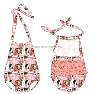 OEM Tùy Chỉnh Bò Cô Gái Không Tay Backless Halter Jumpsuit Thời Trang Phương Tây Quần Áo Bé Bong Bóng Ruffle Mông Rompers - Product Image 5