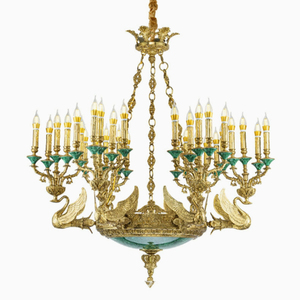 Lustre Cygne en Cuivre avec Base <span class=keywords><strong>Turquoise</strong></span> <span class=keywords><strong>et</strong></span> Zircon Bleu, Luminaire Suspendu Motif Cygne pour Salle de Banquet - Product Image 1