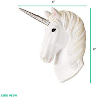 Charmes muraux en polyrésine/résine en forme de tête de cheval, mini licorne blanche + argentée, tête de licorne factice - 8 pouces, tête d'animal en faux taxidermie, décoration murale