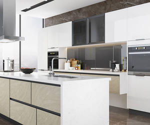 Cuisine moderne en bois massif de style shaker, avec îlot, finition haute brillance, personnalisée, luxe, blanc, ensemble de meubles de villa - Product Image 1