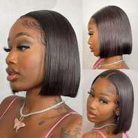 Perruque longue bob en cheveux humains avec frange, cheveux vierges, brun clair, dentelle transparente HD
