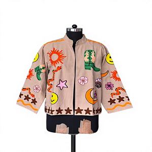 <b>Western</b> Cowgirl Embroidered Bohemian Patchwork Cotton Canvas Breathable Short <b>Jacket</b> Ranch Style Embroidery Spring Statement - Product Image 1