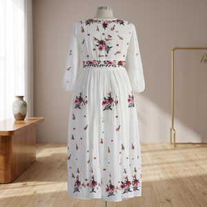 2023 New Arrivals Lady Stylish Linen Knee-length Puff Sleeve A-line Casual Breathable <b>Kaftan</b> <b>Beach</b> Silhouette Embroidered Dot - Product Image 3