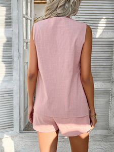 Blazer da donna completo 2 pezzi senza maniche gilet con bottoni e Shorts set da salotto estivo da spiaggia - Product Image 2