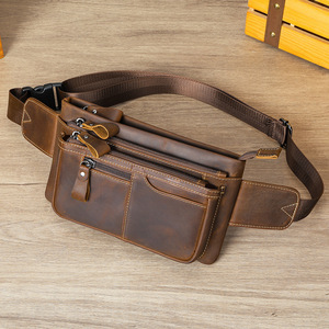 Sac banane pour homme en cuir véritable de qualité supérieure, sac banane rétro en cuir de vachette pleine fleur, sac de poitrine tactique multi-poches pour l'extérieur - Product Image 1