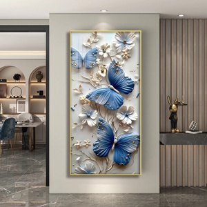 Peinture décorative d'entrée de luxe personnalisée avec des papillons, peinture en porcelaine avec fleurs 3D, décoration de salon, peinture suspendue avec LED et cristaux - Product Image 2