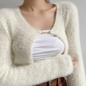 Cárdigan Corto Informal de <span class=keywords><strong>Pelo</strong></span> Sintético de Visón para Mujer, Estilo Coreano, <span class=keywords><strong>Cuello</strong></span> Redondo, Invierno, Nailon - Product Image 5