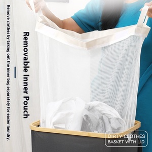 Cesta de almacenamiento de bambú plegable para <span class=keywords><strong>Amazon</strong></span> con ruedas, marco de anillo de bambú para <span class=keywords><strong>ropa</strong></span> <span class=keywords><strong>sucia</strong></span>, botella de lavandería extraíble - Product Image 6
