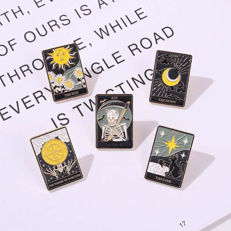 Tarot Enamel Pins Custom Sun Moon Stars Gothic Skeleton Lover Brooches Lapel Badges Bag Punk Dark Witch Jewelry Gift for Kids