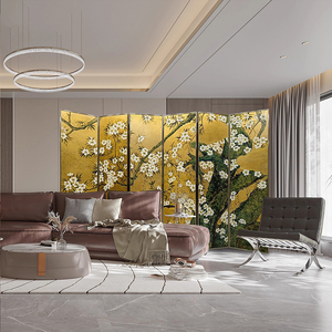 Trang trí nội thất, khách sạn, lối vào nhà, Vách ngăn phòng khách vẽ tay hoa anh đào vàng - Product Image 4