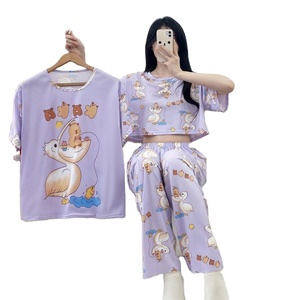 Kadın 3 In1 pijama 2 kısa kollu üst t-shirt 1 pantolon 3 adet Set pijama kore yumuşak ev kıyafeti karikatürler Baju Tidur - Product Image 1