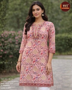 Hot Sale Women Pink Georgette <b>Kurti</b> Stylish Designer With Lightweight Fabric For Casual Party And Festive Wear Indian Supplier - Product Image 6