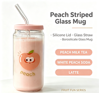 Gobelet en verre côtelé imprimé pêche avec couvercle rose, en borosilicate, avec paille en verre pour jus, lait, thé, café glacé