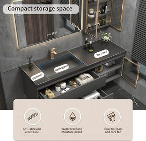 Meuble-lavabo mural gris foncé moderne à double tiroir avec vasque intégrée et armoire miroir LED intelligente anti-buée - Product Image 3