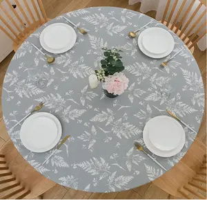 Round Vinyl Fitted Tablecloth with Flannel Backing Elastic Edge Plastic Table Cover Waterproof Table Cloth Stain-Resistant