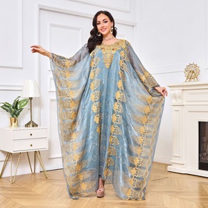Robe Abaya Musulmane Marocaine Vintage Broderie Florale Polyester Manches Chauve-Souris Respirante Élégante pour l'Aïd et les Mariages Modeste Longueur Ras du Sol - Product Image 1