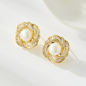 Freshwater Pearl <b>Stud</b> <b>Earrings</b> AAA Grade Gold Tone Flower Design Micro <b>Set</b> Zirconia Wedding Jewelry S925 Sterling <b>Silver</b> Needles - Product Image 1