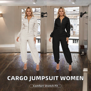 Outdoor Autumn Solid <b>Knitting</b> Cargo Jumpsuit-Elastic Waist Zipper Detail Pockets Breathable ODM Women's Streetwear - Product Image 2