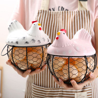 Panier de rangement pour œufs en fil métallique et céramique, motif poulet, portable et charmant, pour la décoration de cuisine (vente en gros)