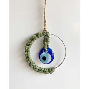 手織り綿糸アールデコ邪視除け青色ガラスアイハンガー-金属リング吊り下げ装飾品（ディワリ用） - Product Image 1