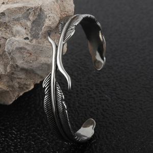 yunnique Feather Design Titanium Steel Open Cuff <b>Bracelet</b> For Women Men Jewelry Fashion Accessory - Product Image 3