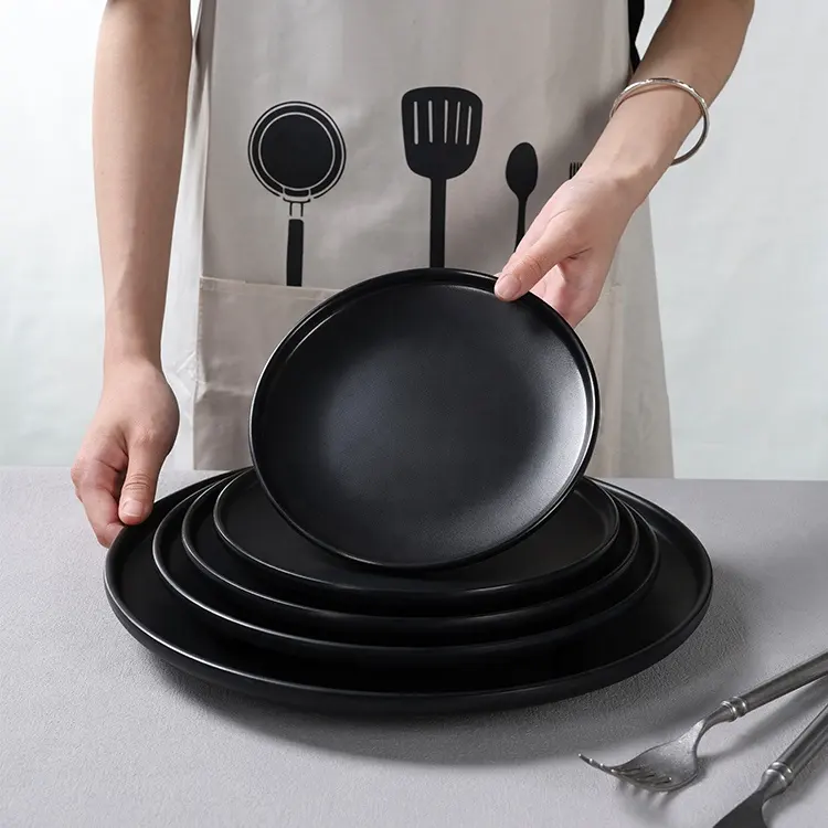 Service de vaisselle noir pour cantine de restaurant, assiettes rondes en mélamine, vaisselle de qualité alimentaire, assiettes à dessert avec chargeur