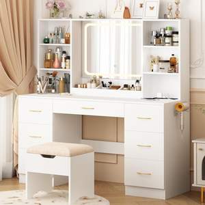Meja rias kayu putih Modern dengan 7 laci dan cermin cahaya LED penyimpanan tahan lama - Product Image 3