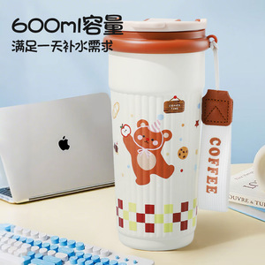 แก้วน้ำเก็บความร้อนสุญญากาศลายการ์ตูนน่ารัก ขนาด 600 มล. ฝาปิด PP ซีลซิลิโคน สายคล้องผ้า ทำจากสแตนเลส เหมาะสำหรับเดินทาง - Product Image 4