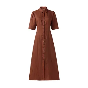 Ladies Elegant Maxi Linen Dress Custom Logo Linen Silk Dress Linen Button Down Dress For Women