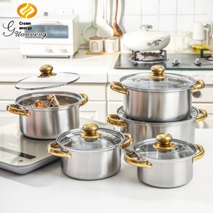 Juego de utensilios de cocina clásicos de acero inoxidable de 10 piezas con olla de sopa con mango dorado y herramientas de cocina magnéticas Diseño de metal sostenible - Product Image 1