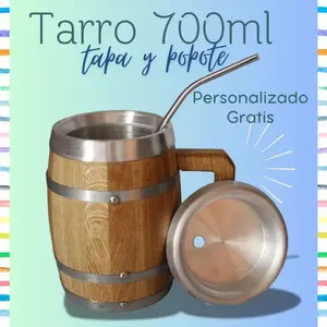 Taza de Barril de Roble de 700ml con Interior de Aluminio Ecológico, con Tapa y Pajita para Cerveza, Agua, Licores y Refrescos - Product Image 2