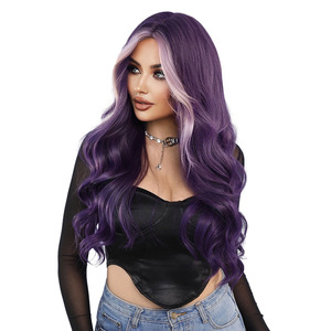 Perruque longue synthétique élégante ondulée violette résistante à la chaleur <span class=keywords><strong>avec</strong></span> <span class=keywords><strong>frange</strong></span> pour femmes - Product Image 1