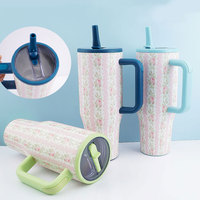 3D bunga baja tahan karat vakum terisolasi 40 OZ Tumbler dengan pegangan dinding ganda cangkir kopi 40 oz sederhana Flip sedotan Mug termal