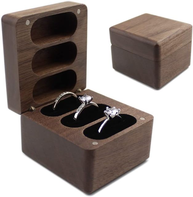 Wooden Engagement Ring Bearing Box for 3 Rings With Soft Velvet Slots for Wedding Ceremonies Ladies Men Ring Box
